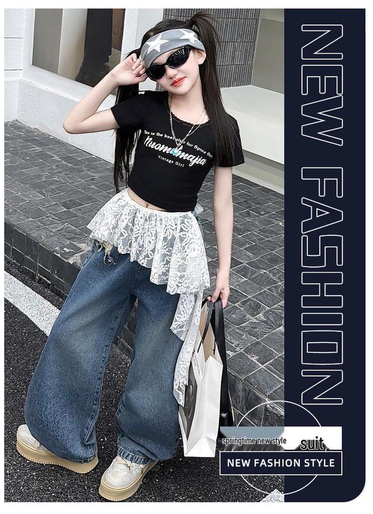 Girls' Trendy Backless T-Shirt & Jeans Set with Lace Jazz Dance Cover