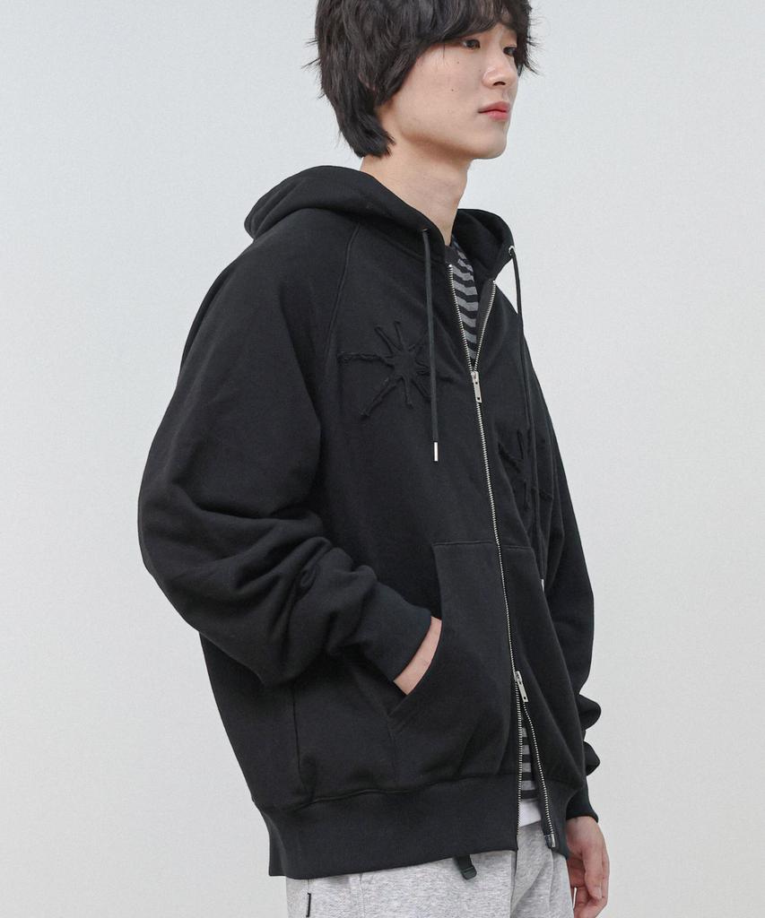Moderment Applique Washed Oversized Zip-Up Hoodie [Black]