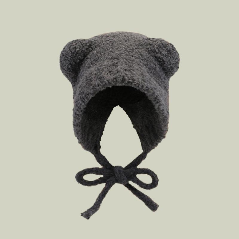 Bear cute bag head hat women's autumn and winter versatile new warm ear protectors big head circumference wool knitted hat