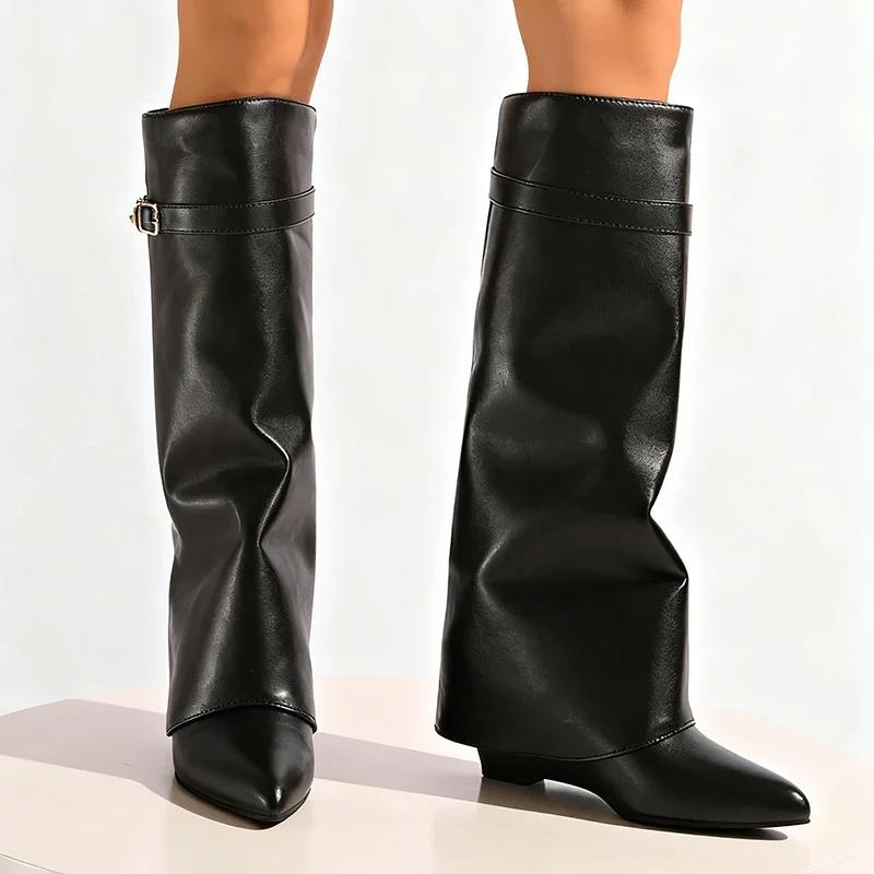 Dameslaarzen Mode Zwart Leer Kniehoge Laarzen Sexy Puntige Neus Rechte Schacht Laarzen voor Vrouw Punk Stijl Sleehak Hoge Hakken