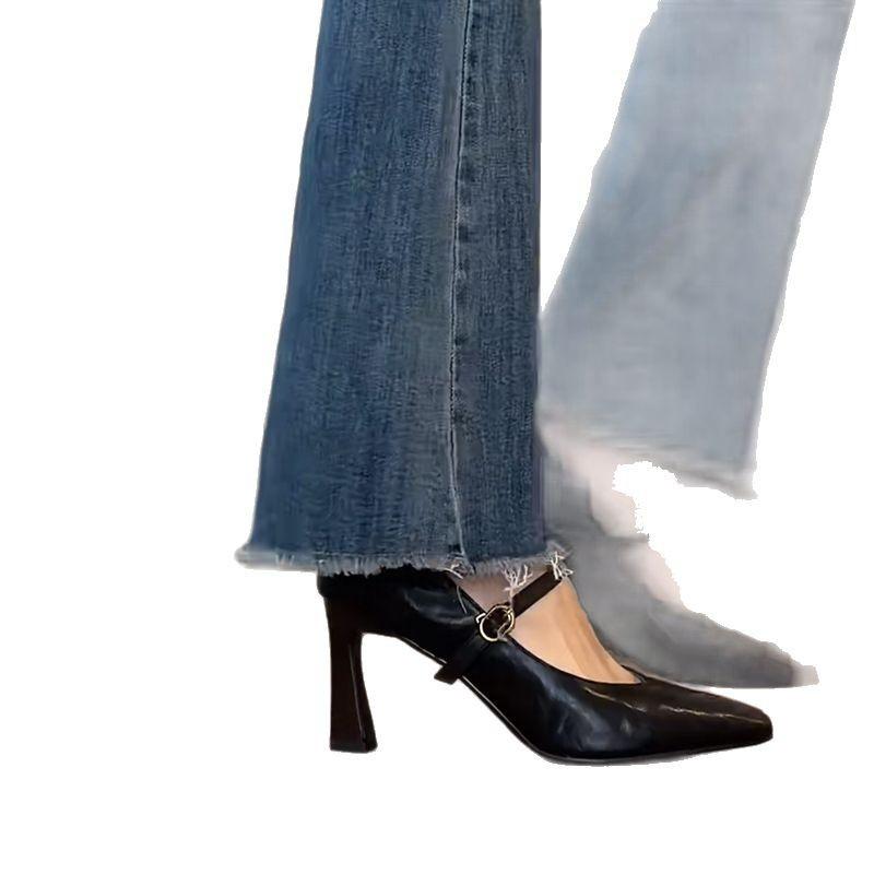 French Soft Leather High Heels Women's Retro Style Minimalist Black One-word Buckle Mary Jane Shoes with Skirt Thick Heel Single Shoes
