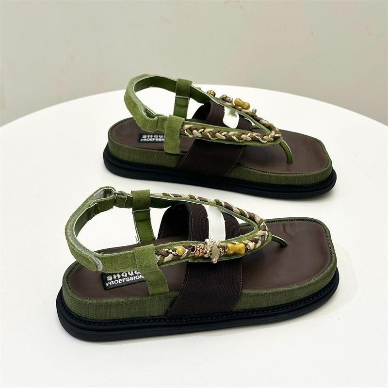 New ethnic style beaded flip-flops sandals women s summer thick-soled thick-soled non-slip outer wear versatile beach shoes 35 зелёный