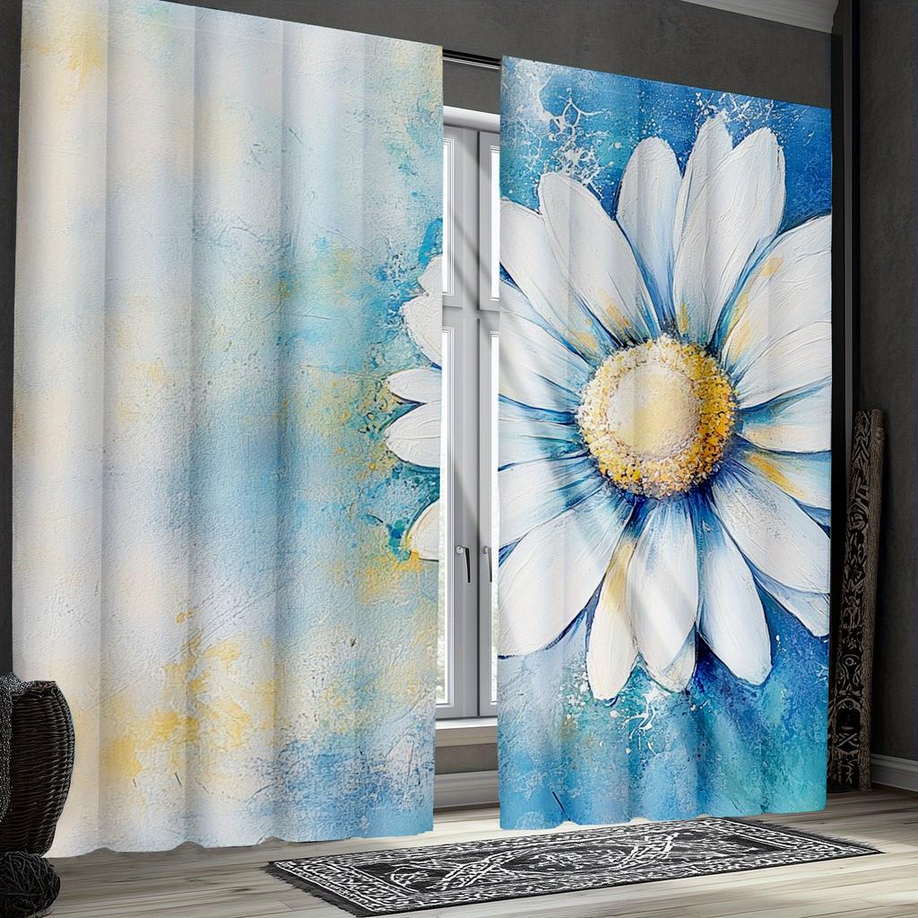 2pcs Classic Chamomile Oil Painting Polyester Curtains, Splash Background Pastoral Expression, Kitchen & Cafe Window Drapes, 2 P