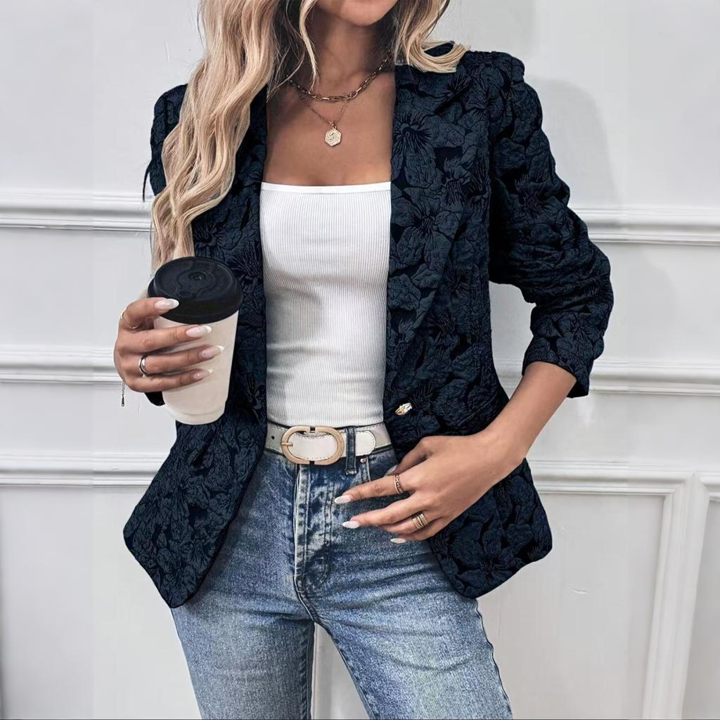 Women's Fashion Lapel Button Long Sleeve Casual Vintage Jacquard Slim Fit Blazer Jacket for Office Work Daily Wear