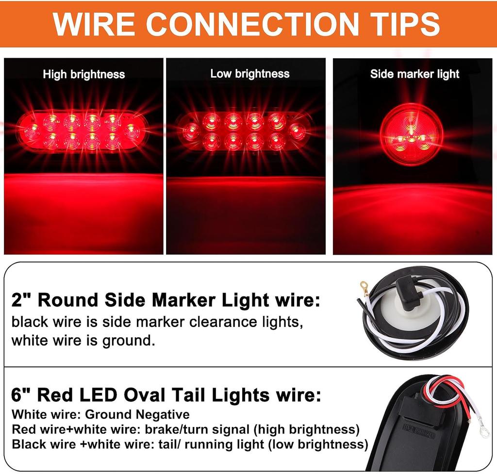 2Pcs Steel Trailer Light Housing Kit w/6' Oval LED Tail Lights & 2' Round Side Markers, Red, 10+4 LED, with Grommets & Connector