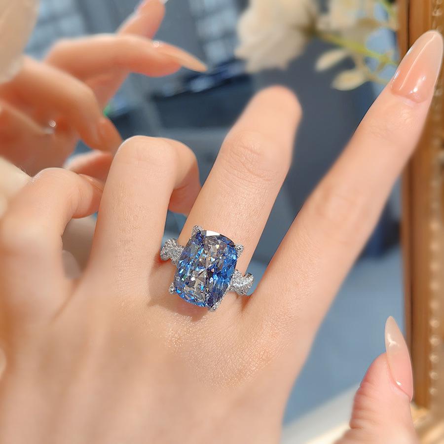 

Luxury Large Carat Ice Flower Cut Paraiba and Tanzanite Blue Rectangular Diamond Ring for Women Adjustable