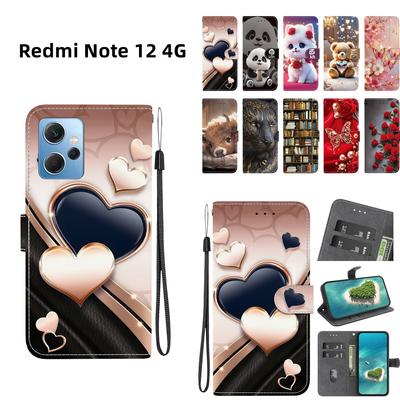 Handgefertigte PU-Leder-Klapphülle für Redmi Note 12 4G Rutschfeste Stoßfeste Hülle mit Handschlaufe & Herz/Rose Katze Designs