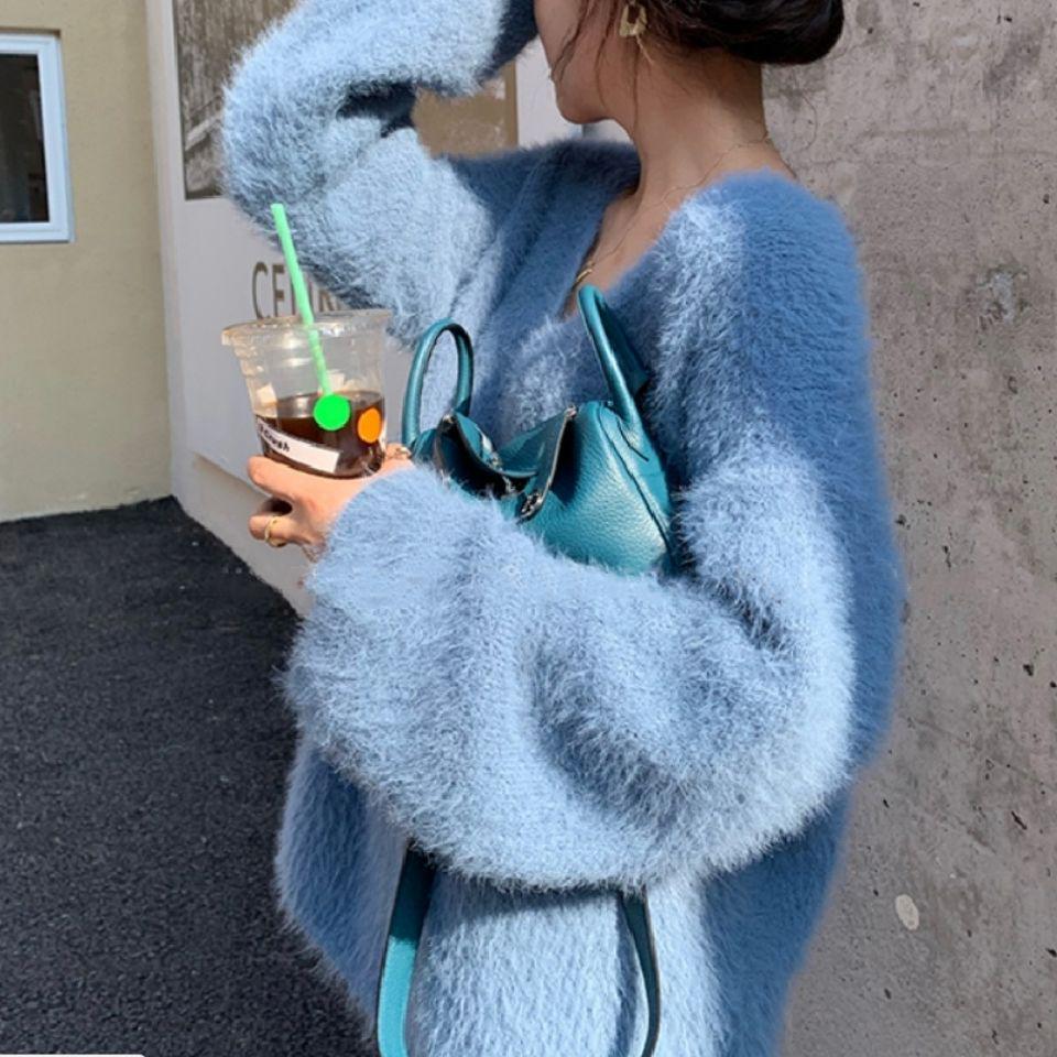 Korean Style Faux Mink V-Neck Pullover Sweater for Women - Autumn/Winter Versatile Loose Fit