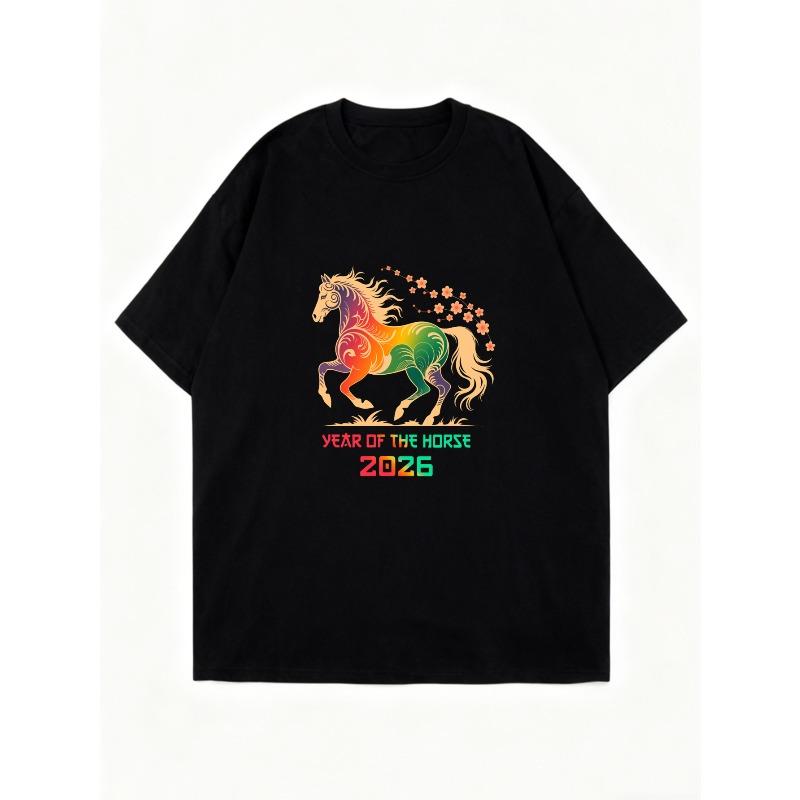 T Shirt Black Rainbow Horse Year Of The Horse 2026 Print Casual Wear For Women Fashion Statement Piece Summer Outfit Streetwear Trendy Graphic Tee