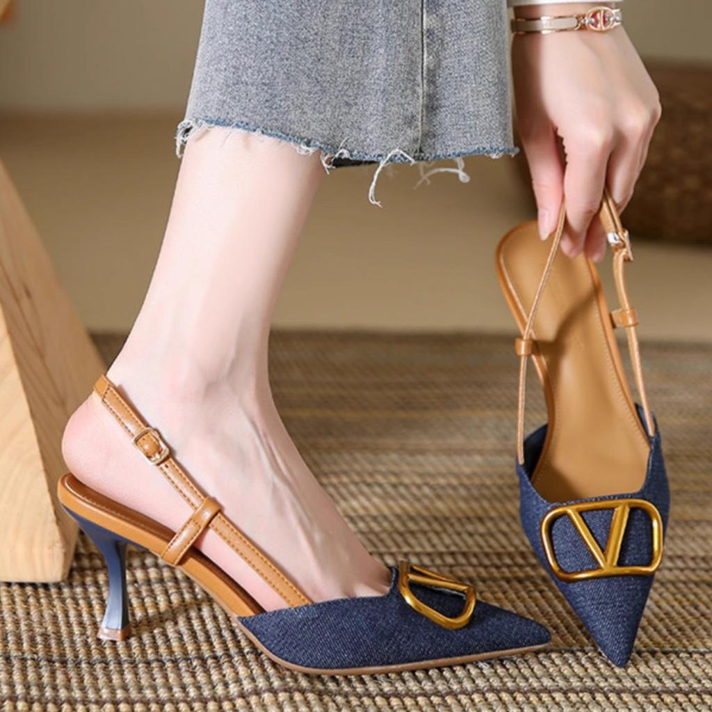 Premium sense elegant pointed thin heel single shoes spring and autumn new beautiful temperament versatile denim high heel sandals
