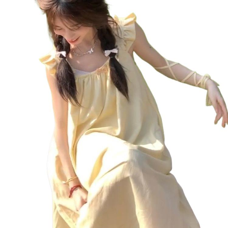Yellow Fairy Flutter Sleeve Summer Dress for Girls - Slimming Mid-Length