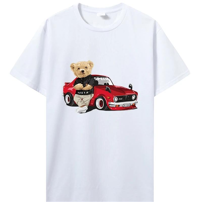 Men's Graphic T-shirt Teddy Bear Race Car T Shirt Cotton Short Sleeve Tees Oversized Streetwear Men Clothing Oversized 43003