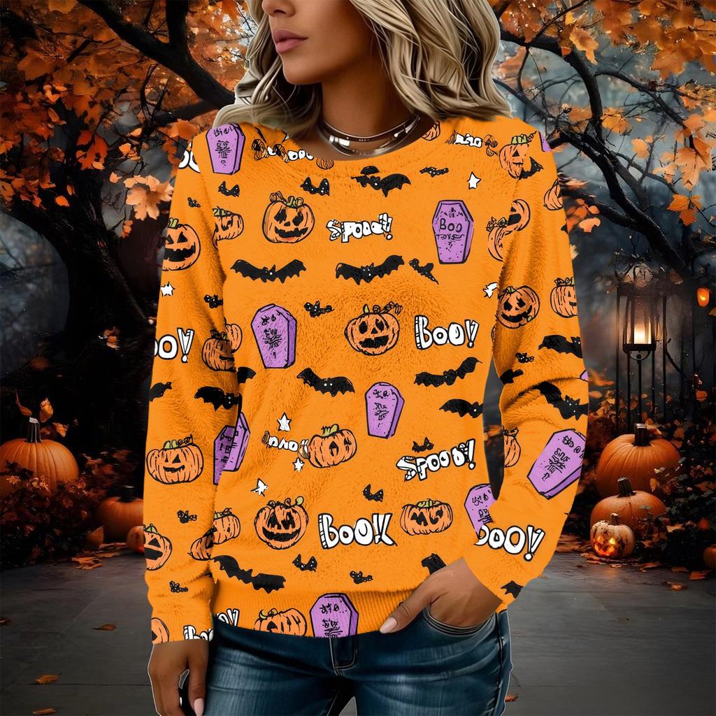 Women's Long Sleeve Flannel Top with Halloween Print for Fall Holiday