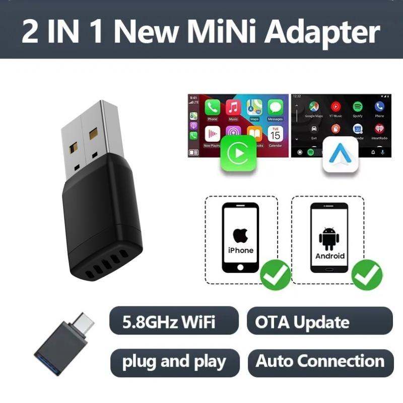 2 in 1 Mini Wireless CarPlay Adapter Android Auto Wireless Smart Dongle Kabelgebunden zu Drahtlos Car Ai Box für iPhone Android Handy für Toyota VW Peugeot MG