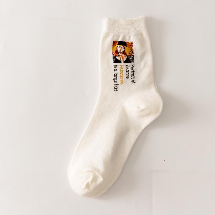 Women's Mid-Calf Cotton Socks: European & American Famous Painting Cartoon Design - Perfect for Autumn/Winter Casual or Sports Wear.