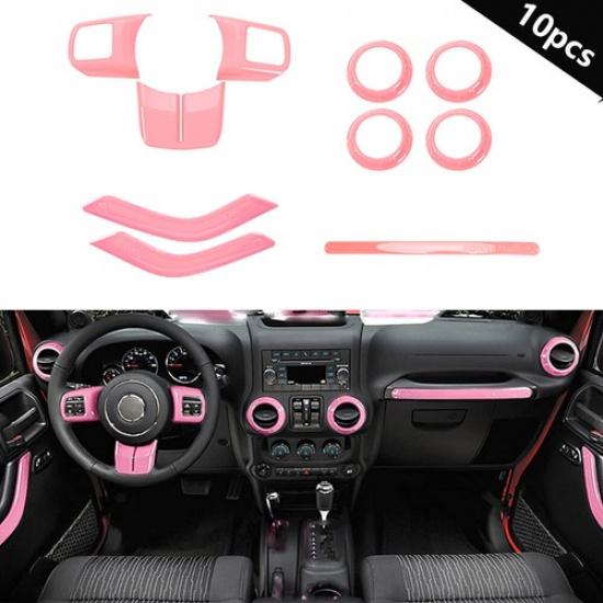 10PCS Full Interior Dashboard Cover Trim PinK Part For Jeep Wrangler JK 2011-17