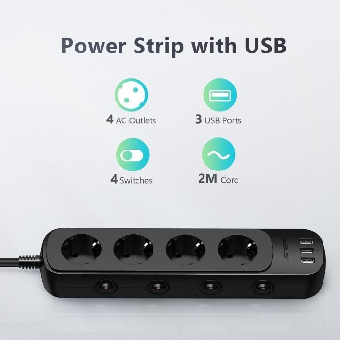 Multiprise - Jsver - 4 Prises - 3 Ports USB - Interrupteurs Individuels - Parafoudre