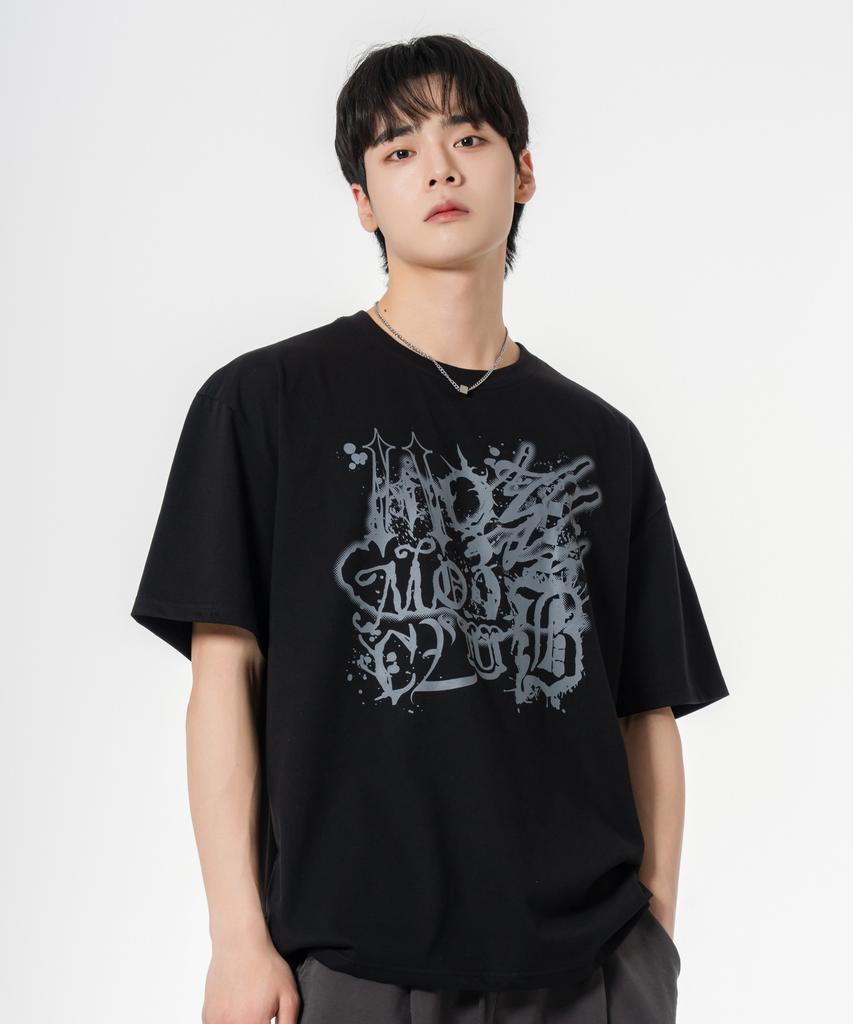 MOZMOZ Ink Print Double Weave Short Sleeve T-Shirt Black