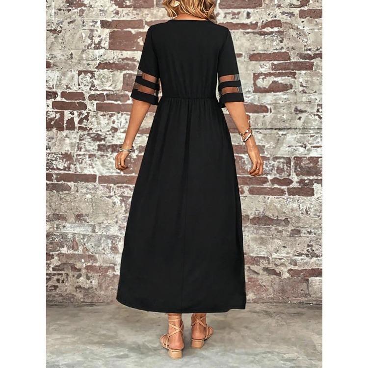 Women Slimming Mesh Panel Long Dress Elegant Stretchy Fabric Crew Neck Solid Color All Season Wear