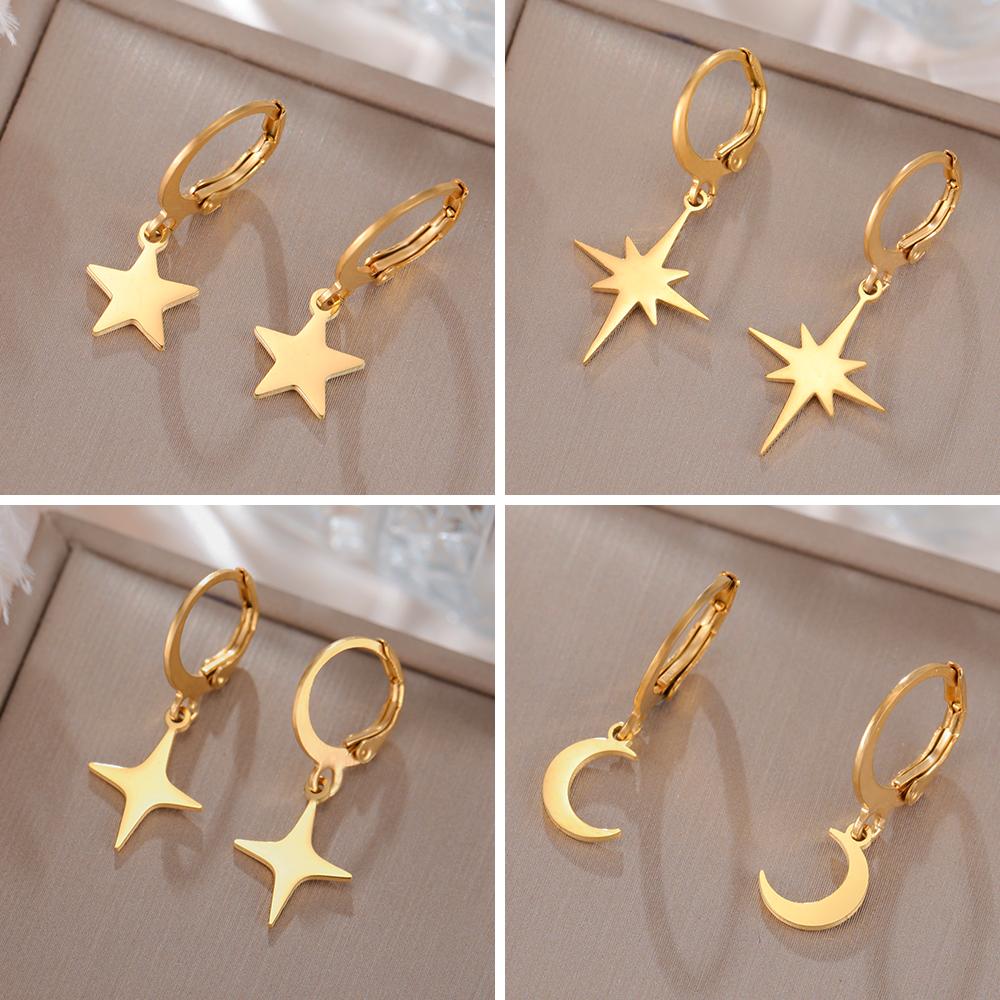 Moon Star Drop Earrings for Women Gold Stainless Steel Hoop Earrings Simple Fashion Jewelry Gift