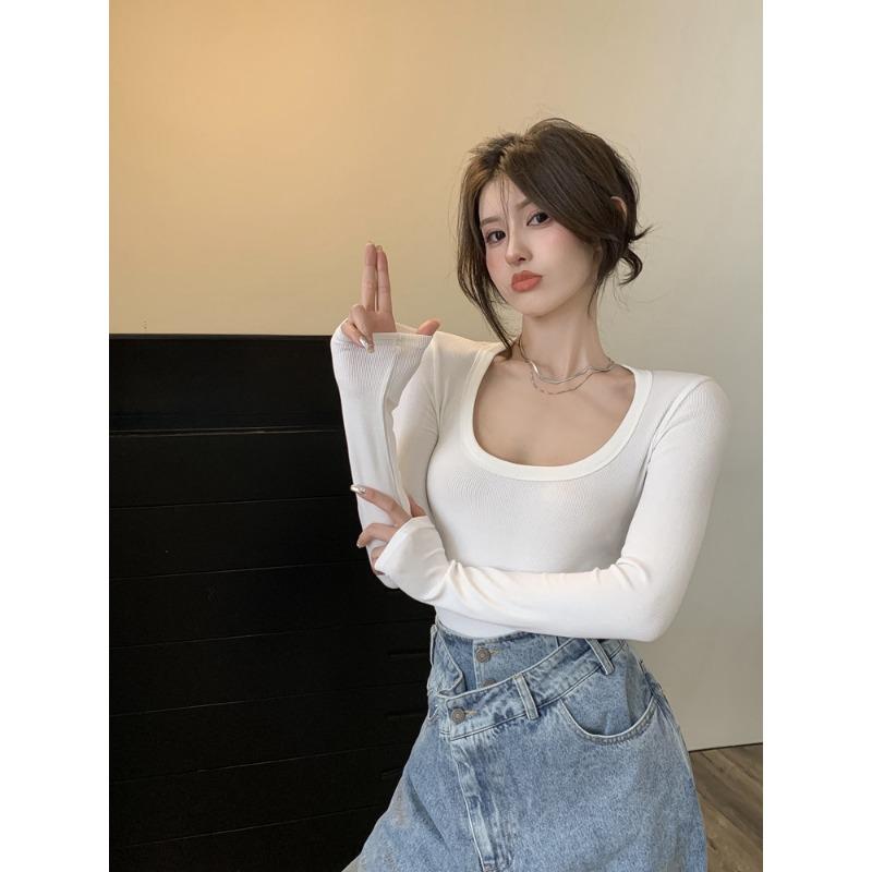 U-neck Threaded Long-sleeved T-shirt Women's Spring Pure Sexy Short Inner Tight Fitting Slim Base Shirt Top