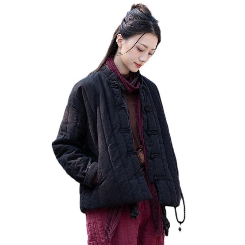 25 winter cotton and linen women's new Chinese retro quilted short cotton clothes women's zen thickened linen cotton-padded clothes