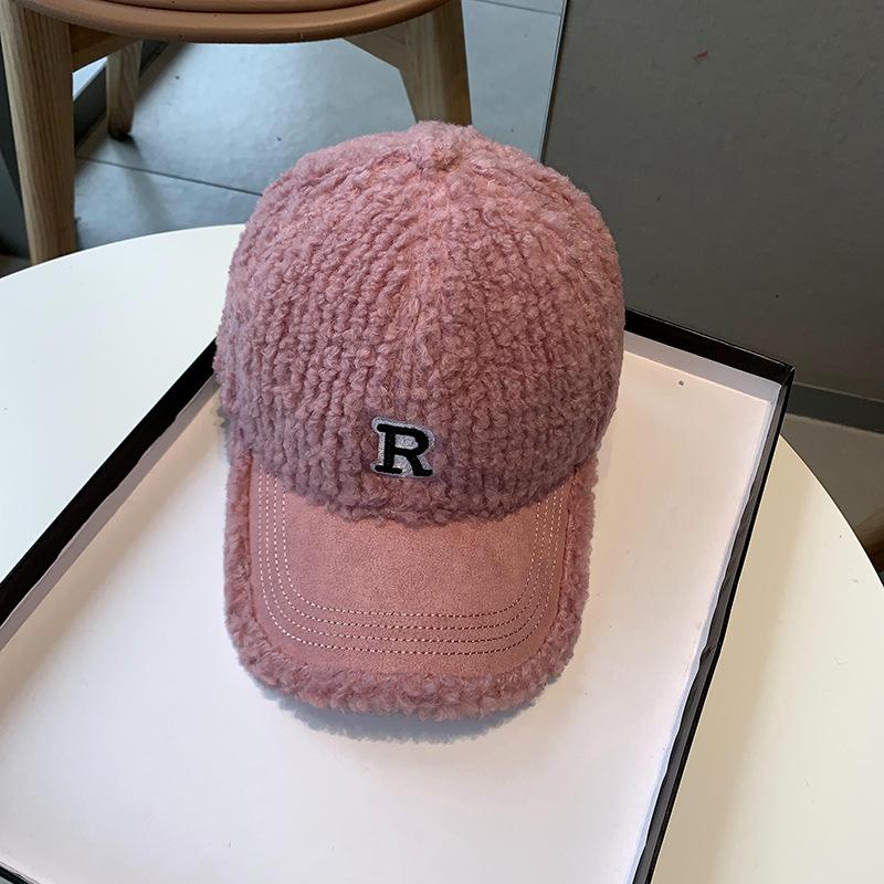 Korean Style Hat for Women In Autumn and Winter R Letter Embroidered Baseball Cap Thickened Plush Warmth Fashionable and Versatile Baseball Cap