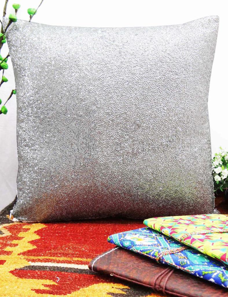 Yuga Metallic Silver Sequin Throw Cushion Cover Glitter Pillow Wedding Decor Lounge 12 X 12