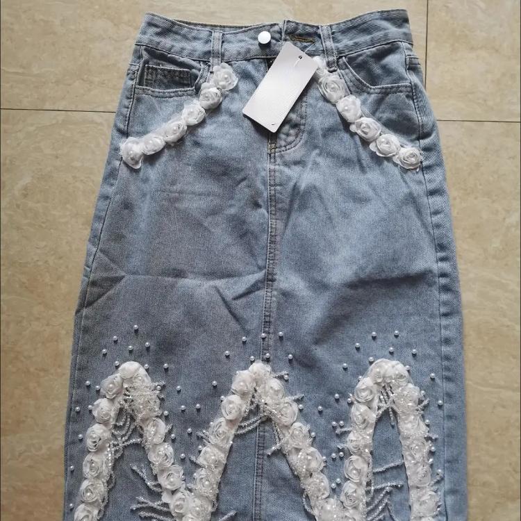 Fashionable 3D Flowers Denim Skirt for Women with High Waist and Beaded Tassels