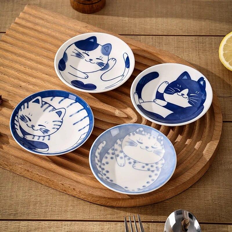Japanischen Stil Keramik Dessert Sauce Teller Geschirr Kreative Niedlichen Cartoon Glückliche Katze Muster Wasser Tropfen Form Obst Sushi Platten