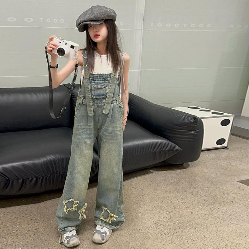 

Весенне-летние комбинезоны для девочек, детские джинсы, универсальные брюки среднего размера для детей, брюки в уличном стиле с карманами 150cm синий