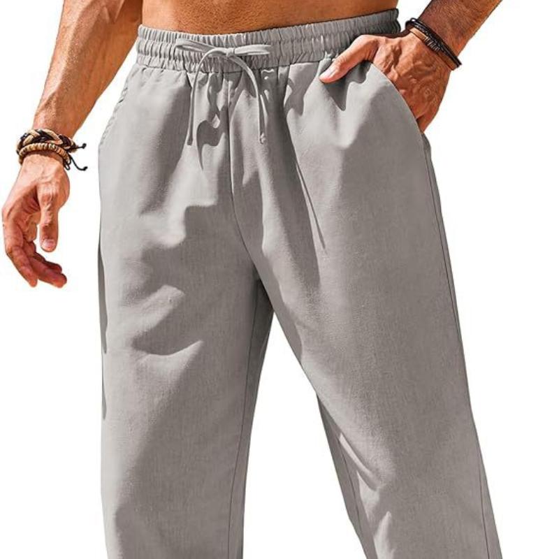 

New Men s Linen Casual Pants Elastic Waist Drawstring Pants Yoga Beach Summer Trousers S темно-серого