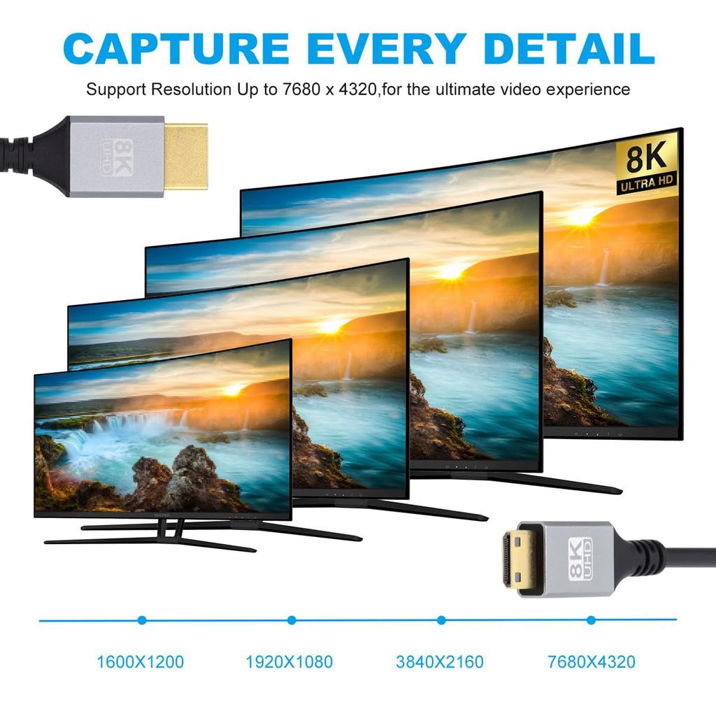 Xiwai Mini HDMI HDTV Hyper Slim HDMI Cord 8K 4K To for Cameras and HDTVs Ultra-Thin 2.1 Cable, 0.5 Meter, 2.0, Type-A Type-C