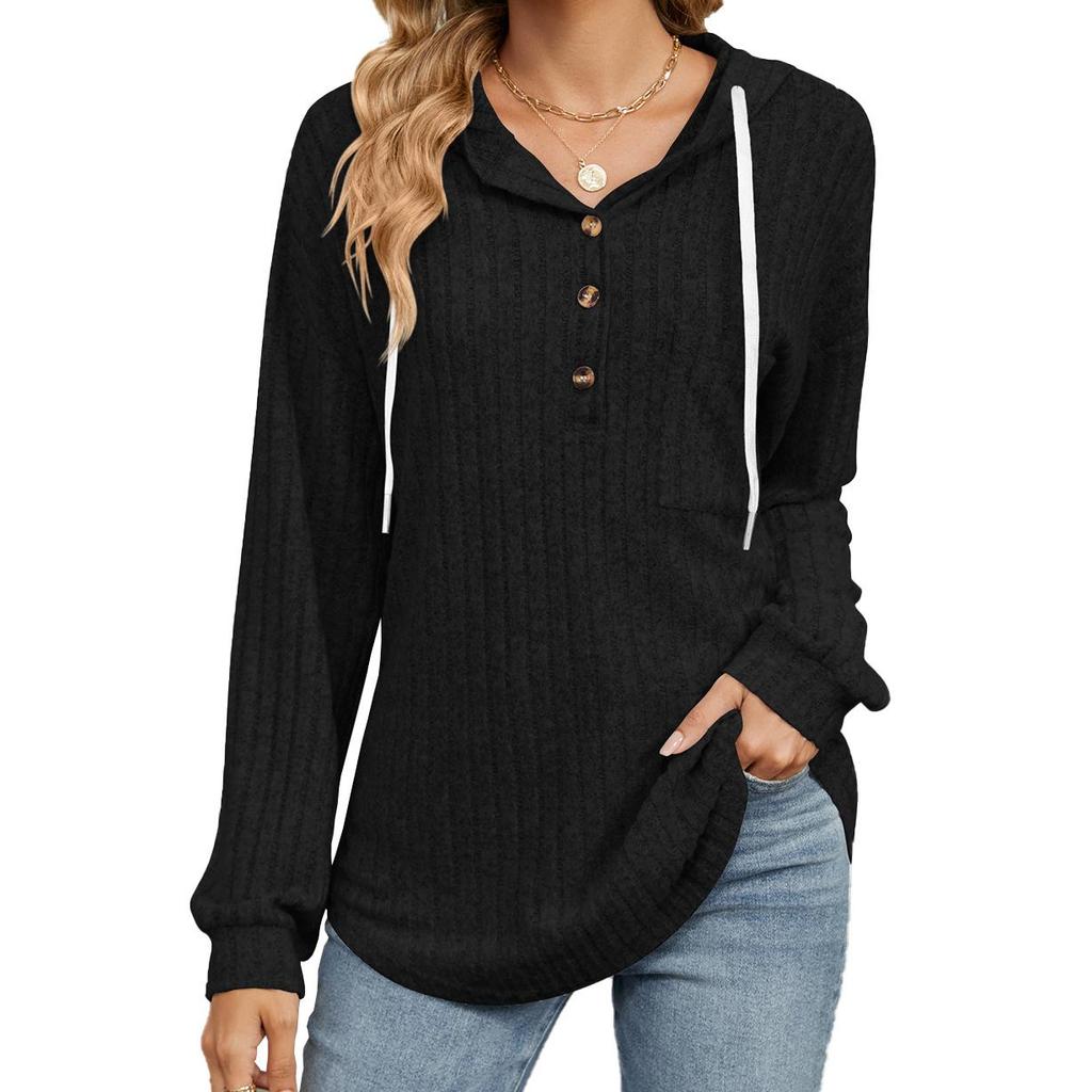 Herbst und Winter Damen Einfarbig Knopf Kapuzentasche Lose Langarm Sweatshirt