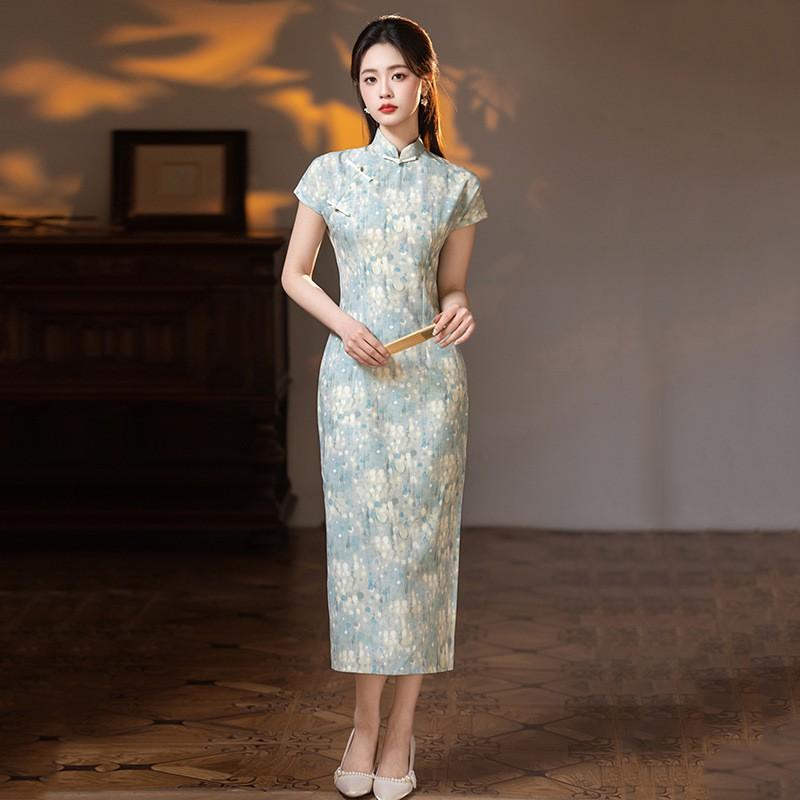 Womens Modern Chinese-Inspired Long Cheongsam Dress With Stand Collar Design Lightweight Stretch Fabric 2026 Small