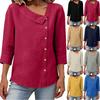 Camisas de Lino para Mujer de Manga 3/4 Cuello Camisero Holgadas Cuello en V Asimétrico Abotonadas Blusa Ligera Casual Tops