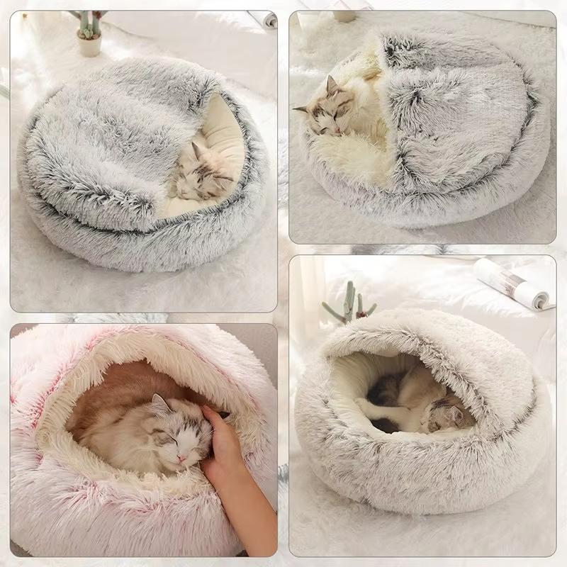 2 in 1 Soft Long Plush Pet Bed with Cover Semi-enclosed Round Warm Comfortable Dog Cat Sleep Nest Kitten Supplies
