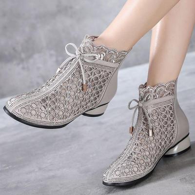 Women Leather Mesh Boots Rhinestone Summer Shoes Pointed Toe Ankle Botas Thick Heel Hollow Out Back Zip