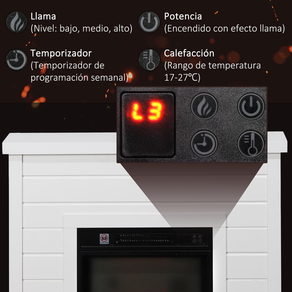 Electric Fireplace, 1800W, Flame Effect, Remote Control, Weekly Timer, for 30 m², White