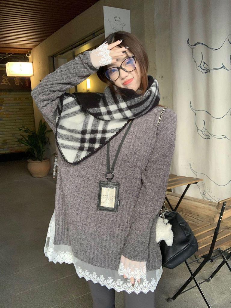Women's Winter V-Neck Lace Patchwork Knit Sweater - Soft, Warm, Loose, Slimming Design