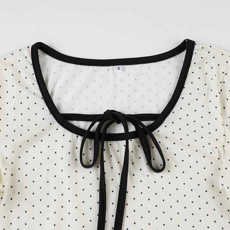 2025 Spring French Style Polka Dot Ruffle Trim Tie-Up Slim Fit Top for Women