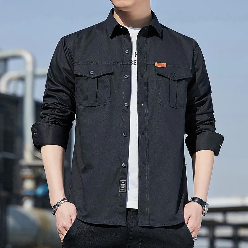 Cotton Cargo Shirt for Men Long Sleeve 2 Pocket Shirts Outdoor Casual Blouses  Clothing Overshirt