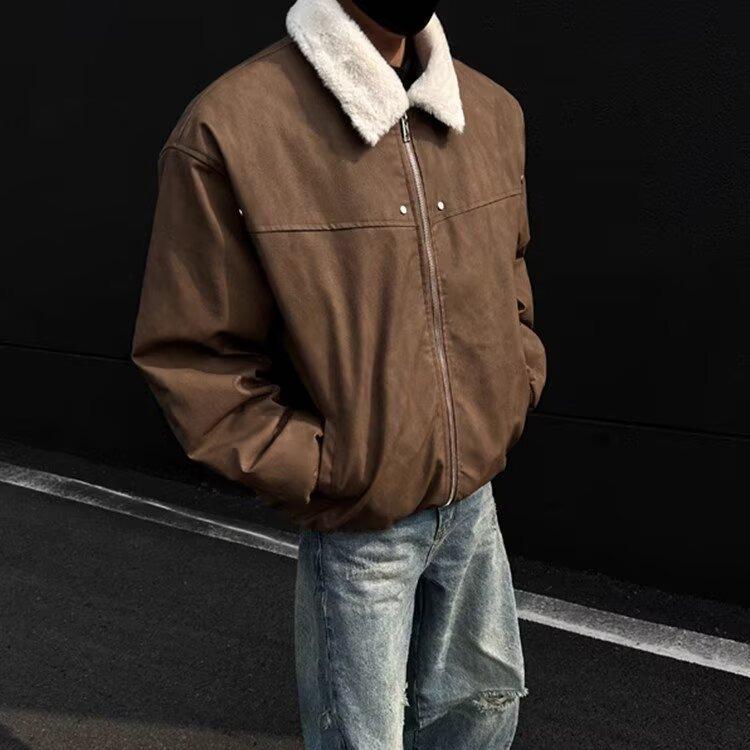 Men's Retro Tie-Dye Lamb Wool One-Piece Coat with Velvet Thickened, Turn-Down Collar, and Leather Accents