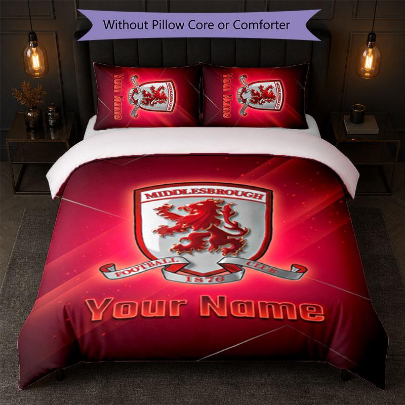 Set Biancheria da Letto Personalizzato Middlesbrough FC con Nome Testo 1 Copripiumino + 2 Federe Logo Calcio Regalo Personalizzato per Occasioni Speciali Decorazione Camera da Letto
