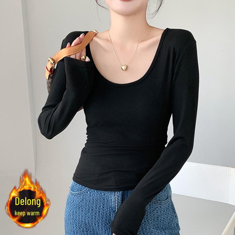 Women's Slim Fit U-Neck Ruched Long Sleeve Top - Autumn/Winter Style