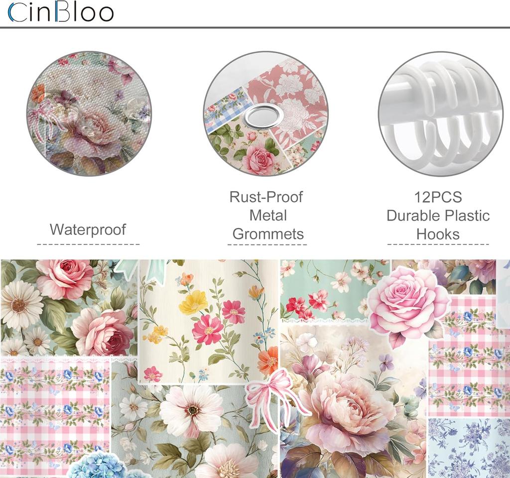 Tenda da Doccia Floreale Patchwork con Rose e Motivi Vintage Colori Pastello Stile Shabby Chic Decorazione Elegante per il Bagno Acqua
