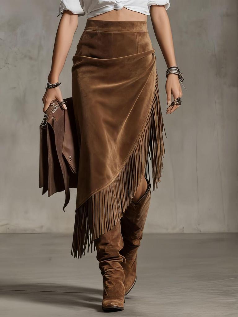 Europäischer & Amerikanischer Damen Retro Western Fransen Unregelmäßiger Saum Wildlederrock