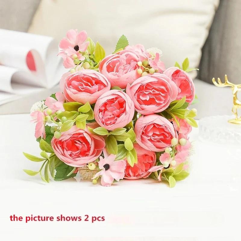 Green Aloes 2pcs Wedding Pink Peony Daisy Bouquet Artificial Flowers Simulation Chogori Peonies Silk Fake Flower Hall Decorative