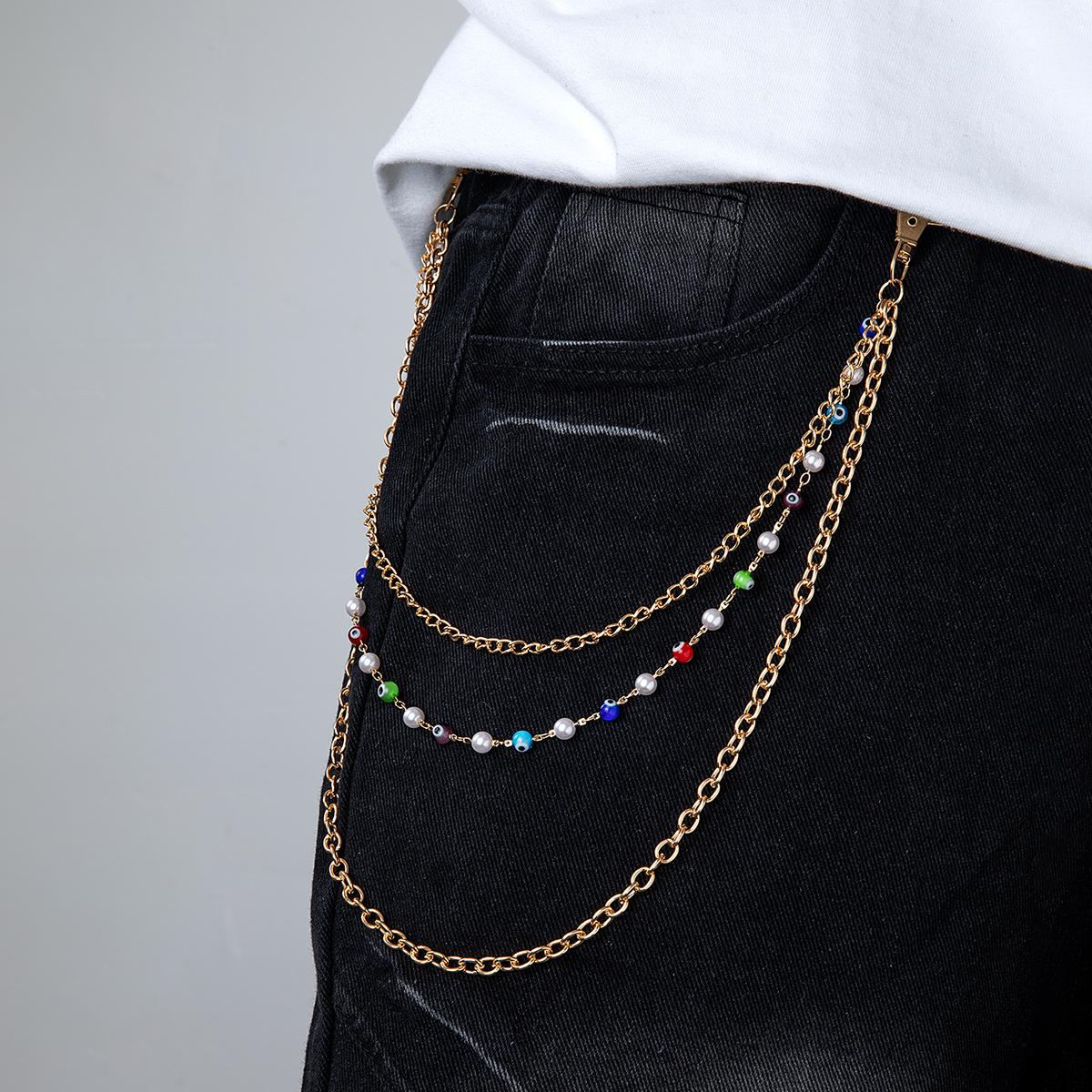 

1 piece of hip-hop devil s eye multi-layer layered imitation pearl metal chain men s jeans chain versatile body chain