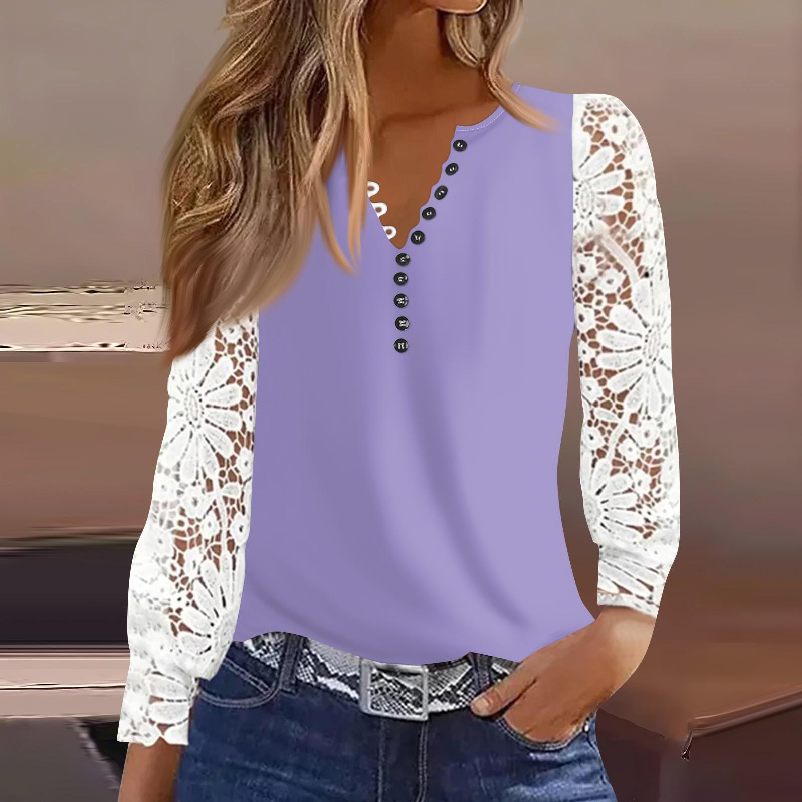 

Женская футболка с пуговицами, кружевом, длинными рукавами, повседневная, выходного дня, модная, базовая, с V-образным вырезом, стандартный топ L